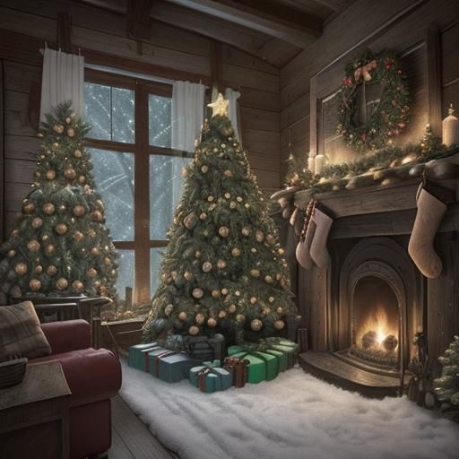 Kitty in Cozy Christmas Cabin: Digital Matte Painting