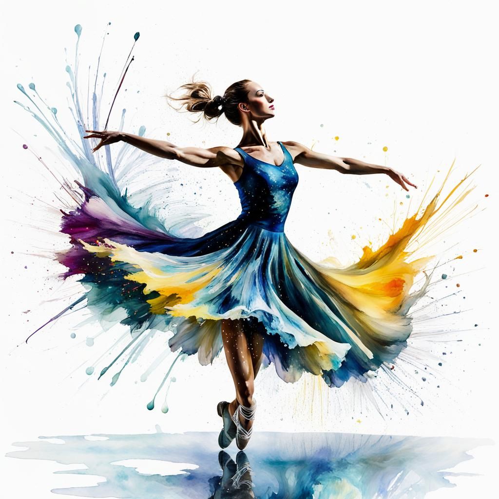 Figure Skater in Motion with Watercolor Splatters