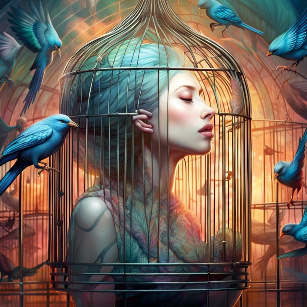 Caged Bird with Padlock in Digital Art Style