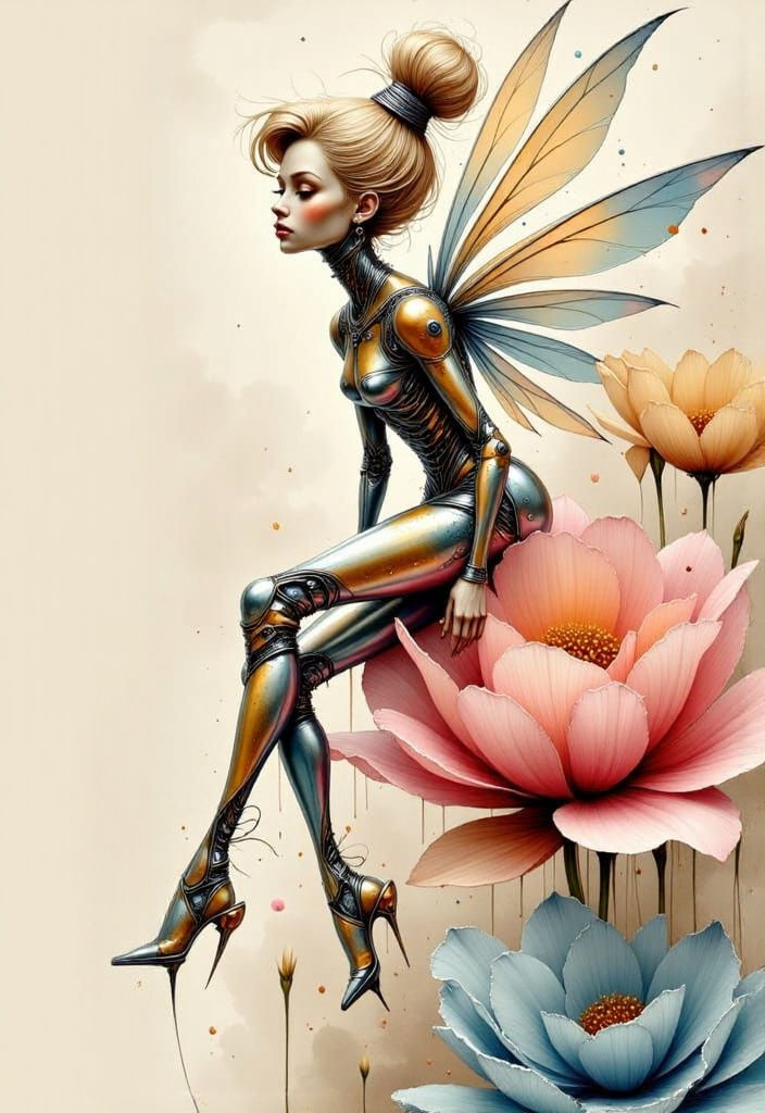 Biomechanical Tinkerbell Droid on Giant Flowers in Ink Paint...