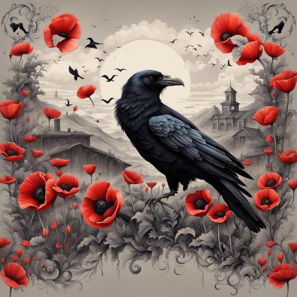 Poppy Flowers and Ravens Tattoo Design