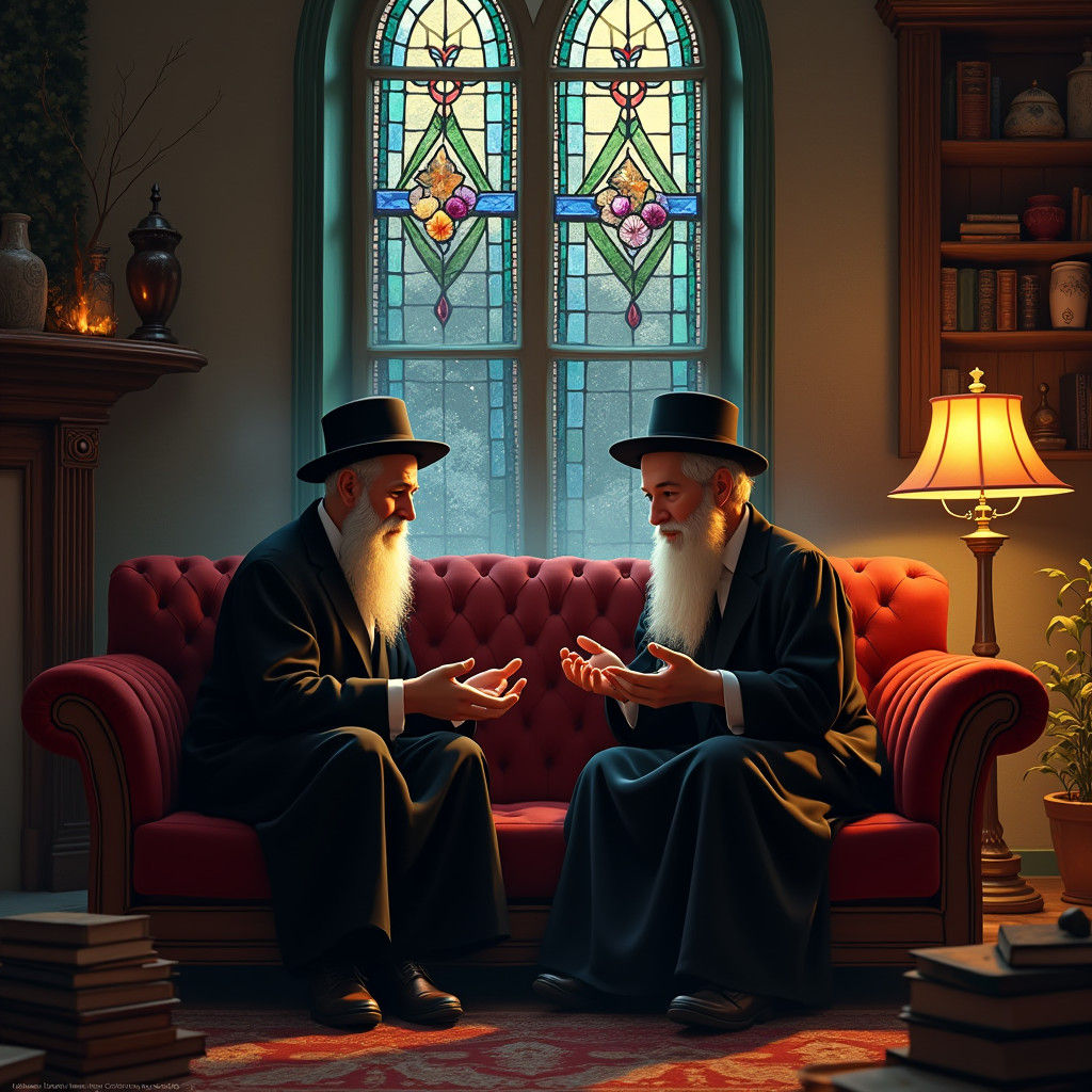 Cozy Jewish Couple Discussing Torah by Firelight