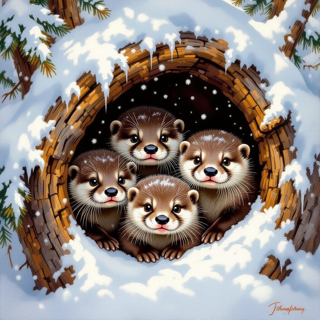Adorable Otter Cubs Emerge from Snowy Tree Den
