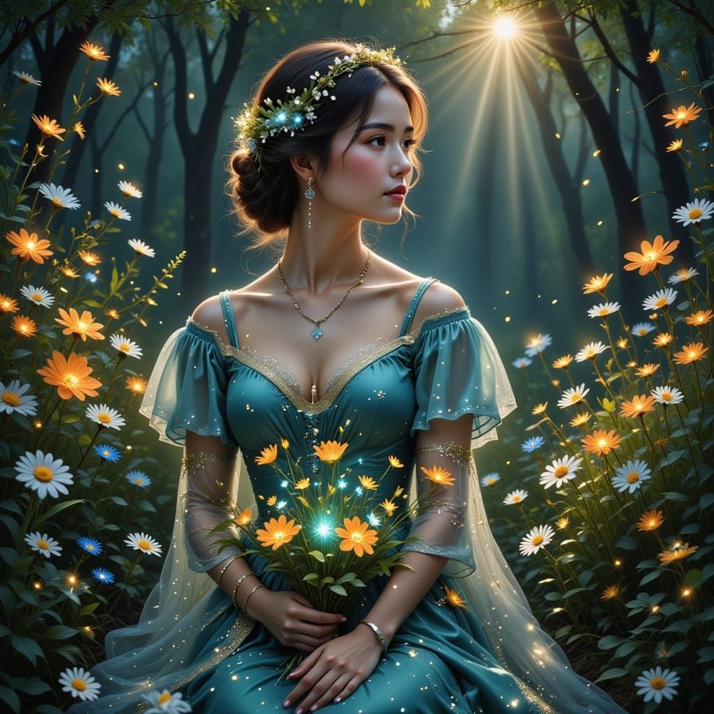 Woman with Kintsugi Flowers in Glitchcore Victorian Style