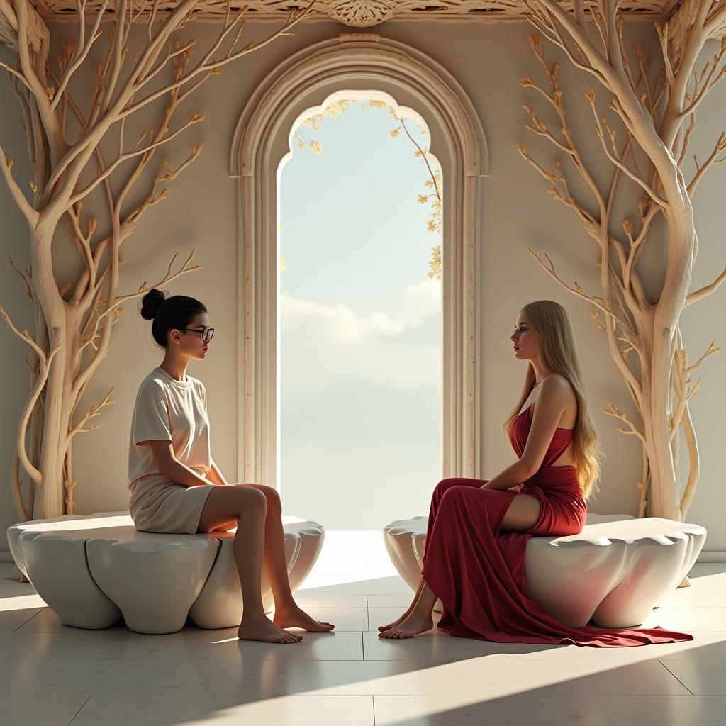 Contemplative Women on Cloud Thrones in Digital Painting