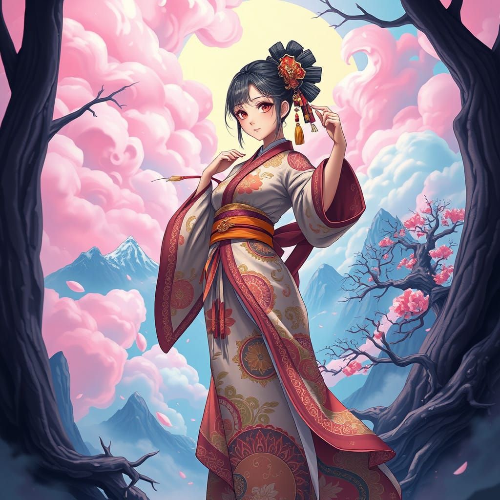Japanese Fantasy Girl in Traditional Outfit Poses Heroically...