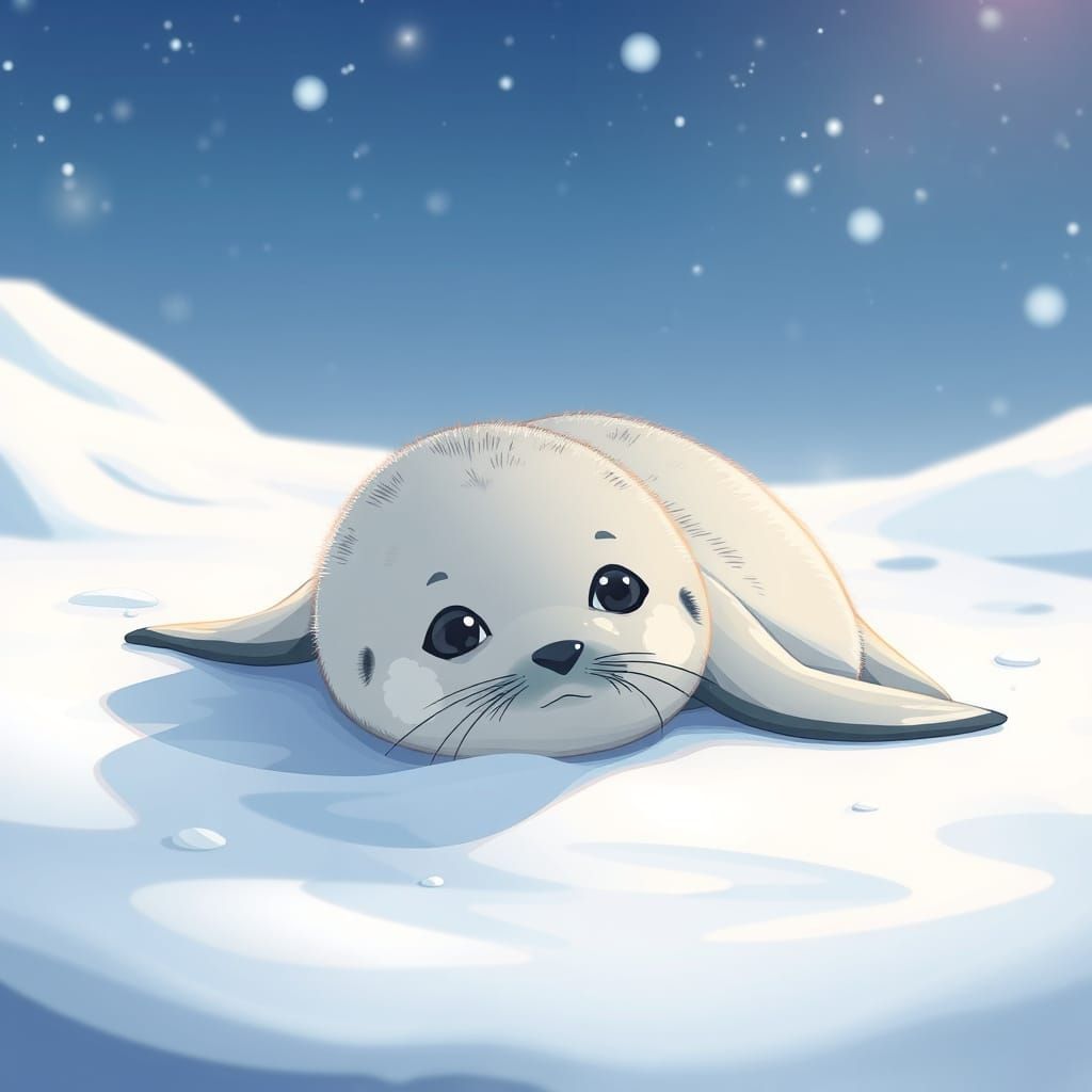 Cute Seal Pup in a Snowy Wonderland, Anime Style