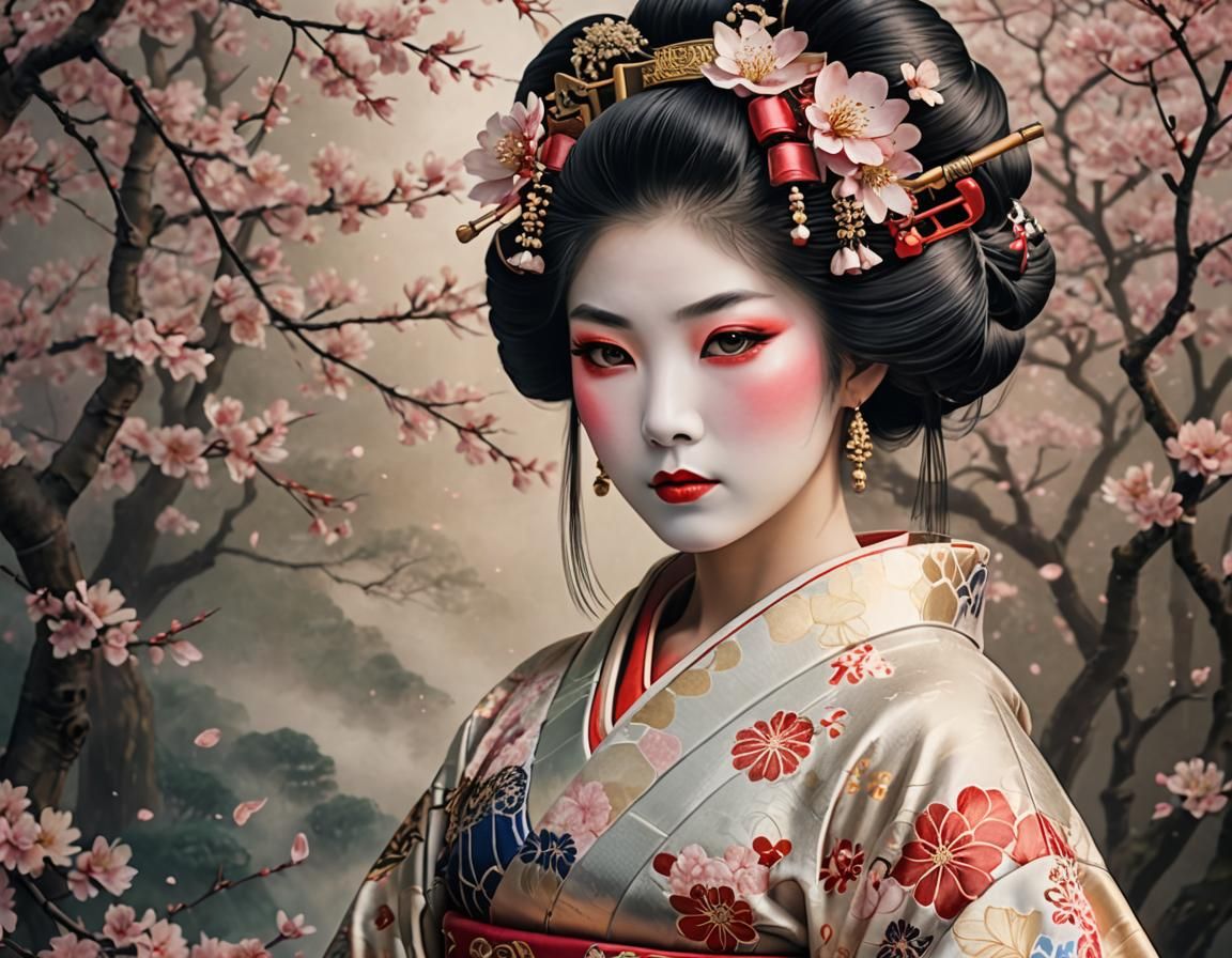 Elegant Geisha with Cherry Blossoms in Soft Light