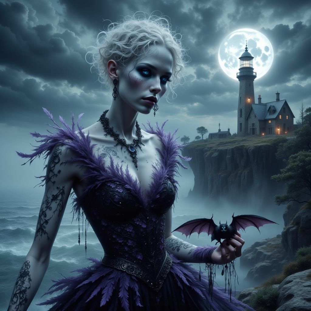 Gothic Vampire with Bat near Lighthouse