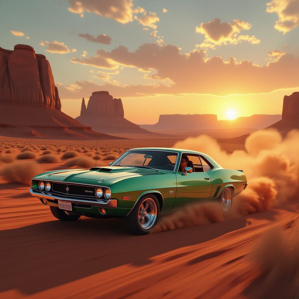 Iridescent Green Muscle Car Speeds Through Desert Sunset