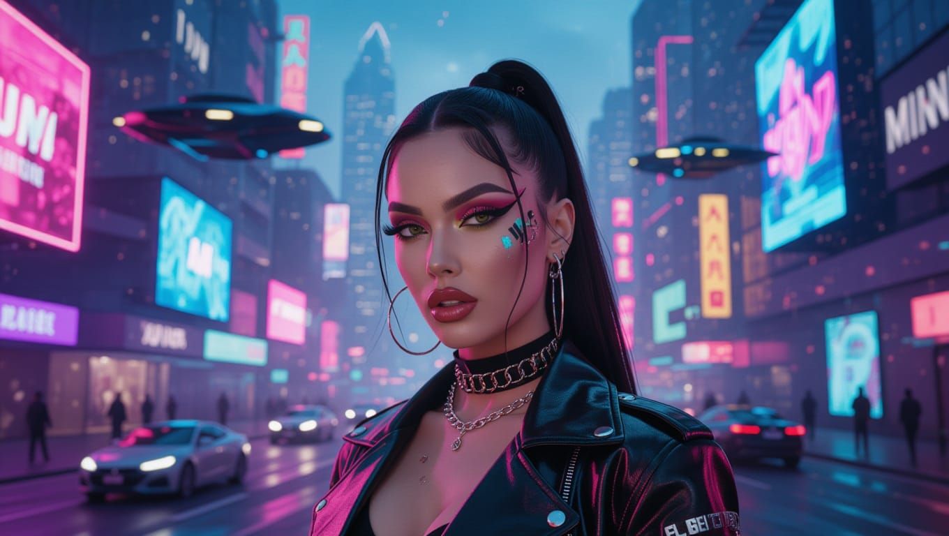 Confident Influencer in Neon Cyberpunk Cityscape
