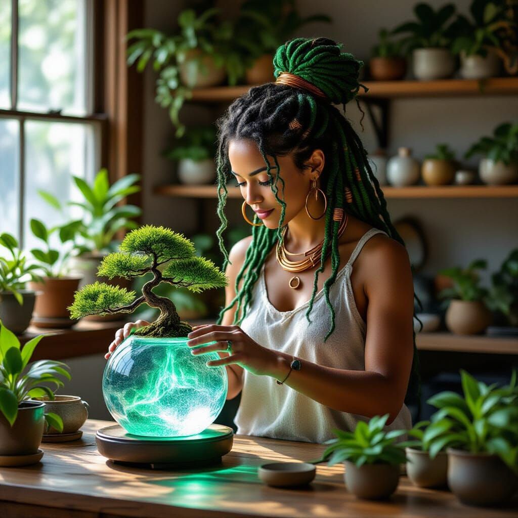 Emerald-Haired Gardener Tends Floating Bonsai