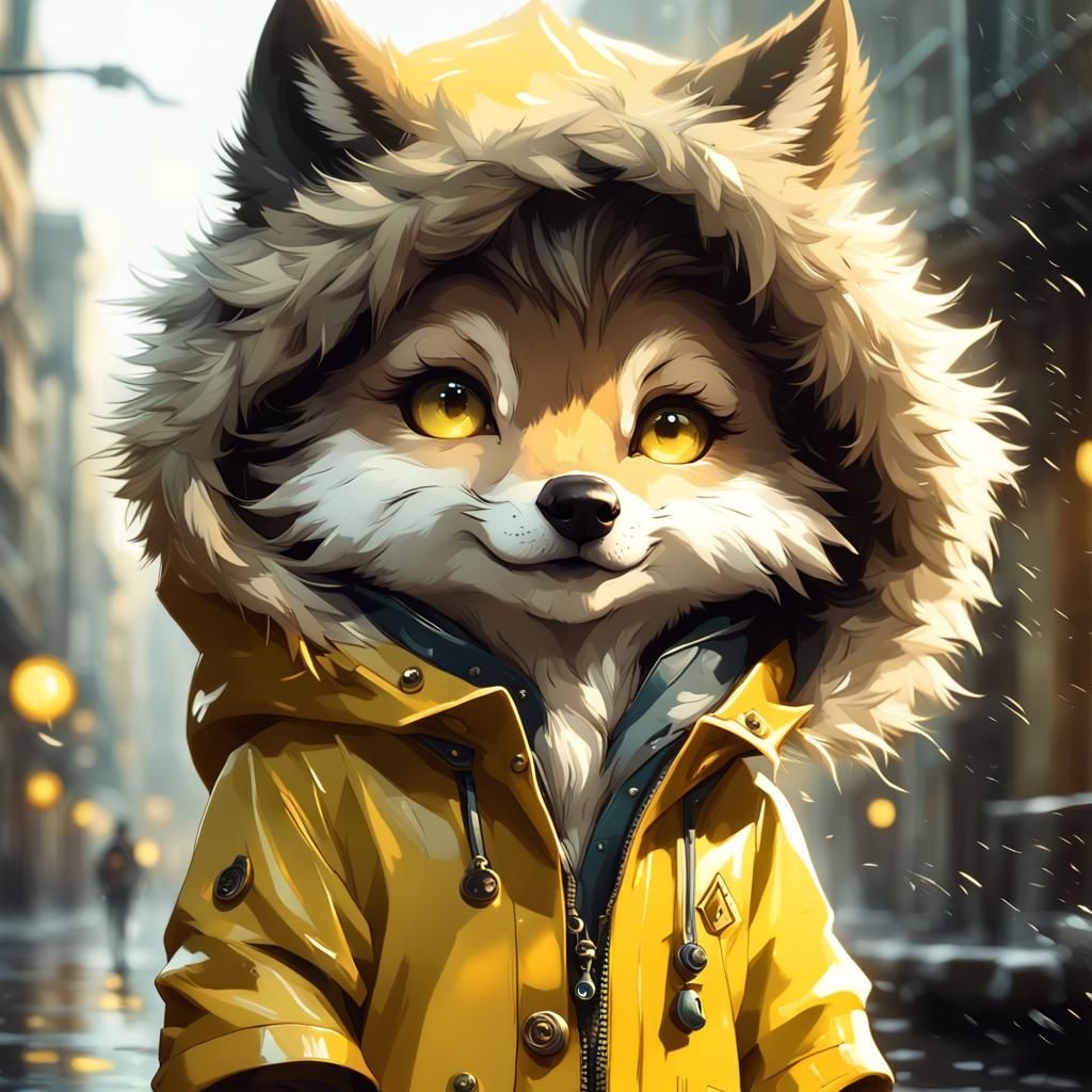 Chibi Wolf in Yellow Raincoat: Detailed 3D Render