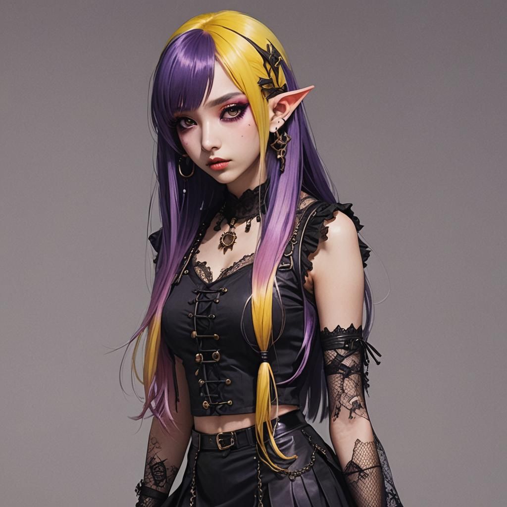 Gothic Giantess Woman in City with Multicolored Hair