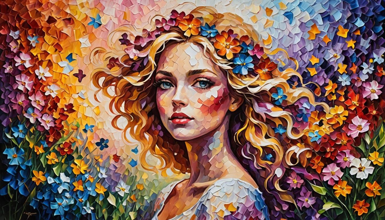 Floral Field Impasto Portrait of Blonde Girl