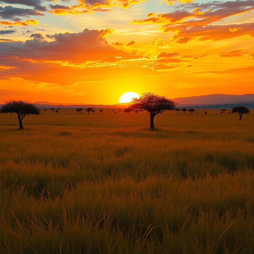 Warm African Sunset with Vast Grasslands and Acacia Trees