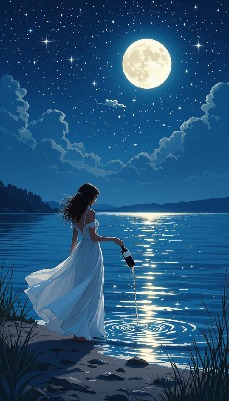 Mystical Girl Releases Wine Under Starry Moonlit Sky