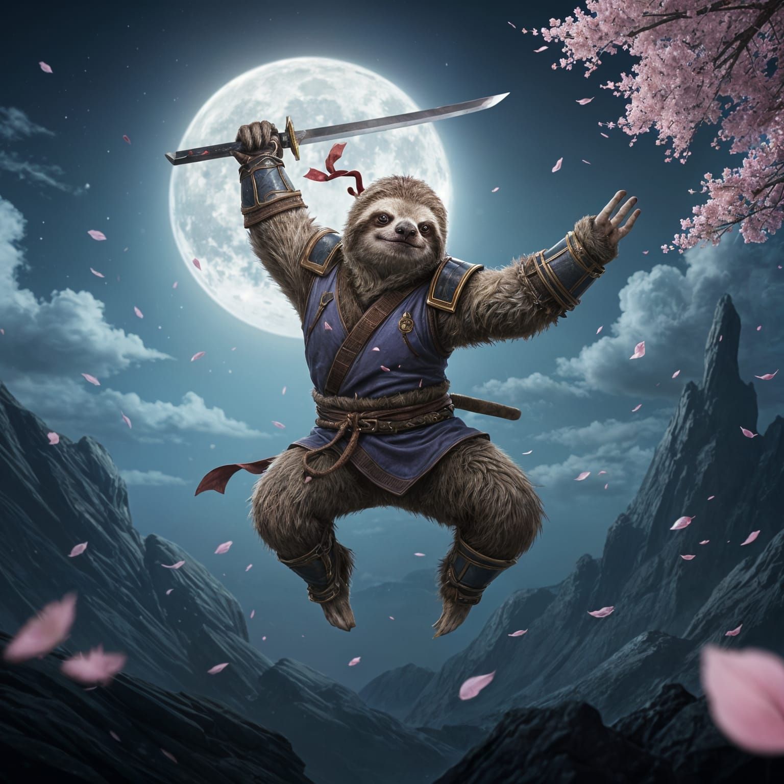 Ninja Sloth Leaping in Moonlight with Katana