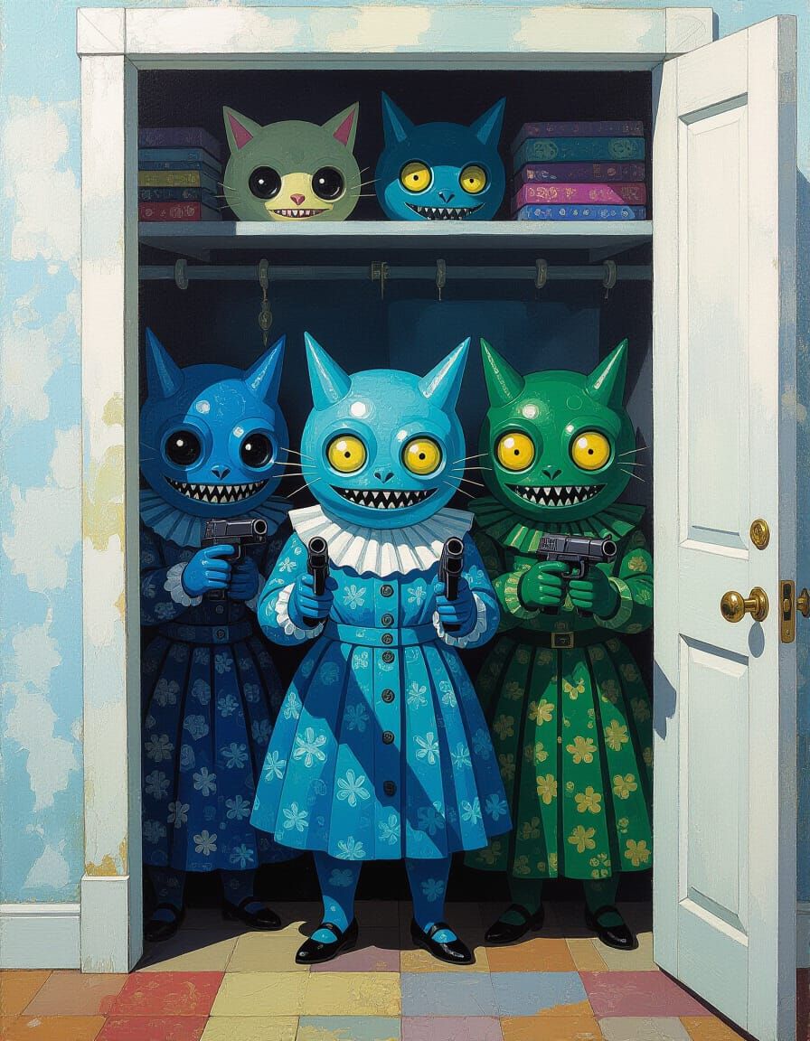 Ominous Eldritch Monsters Pointing Guns in Dim Closet