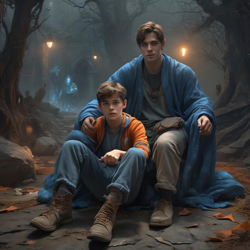 Sad Boy with Ghost in Fantasy Matte Painting