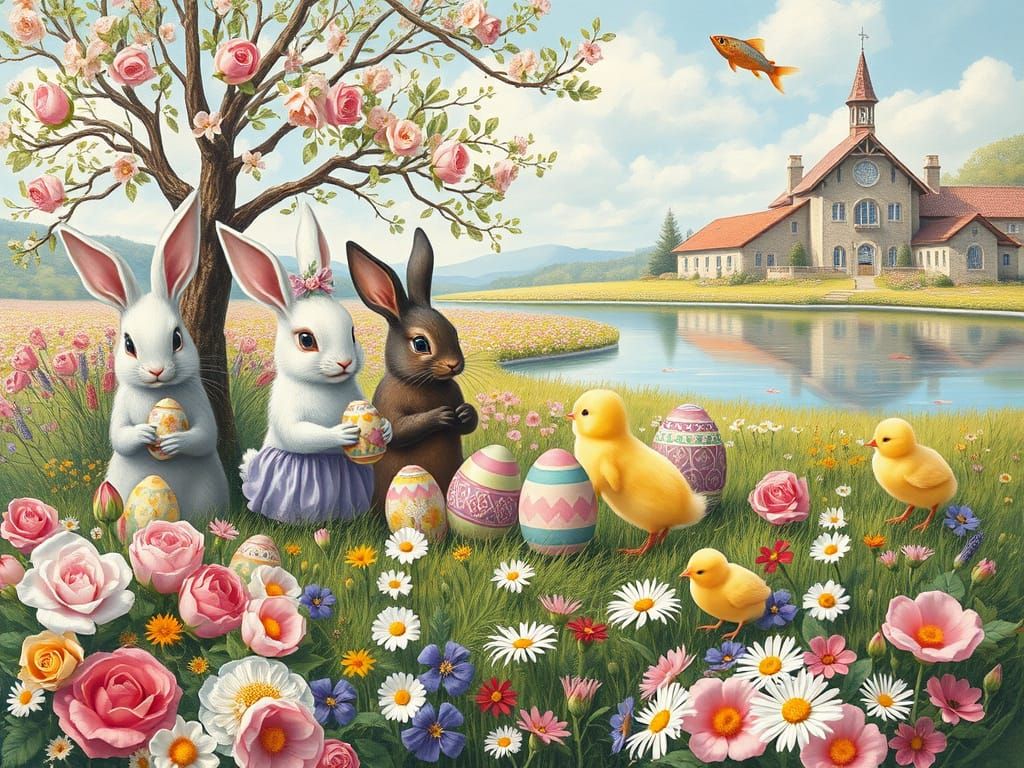 Easter Bunnies Painting Eggs in Floral Field