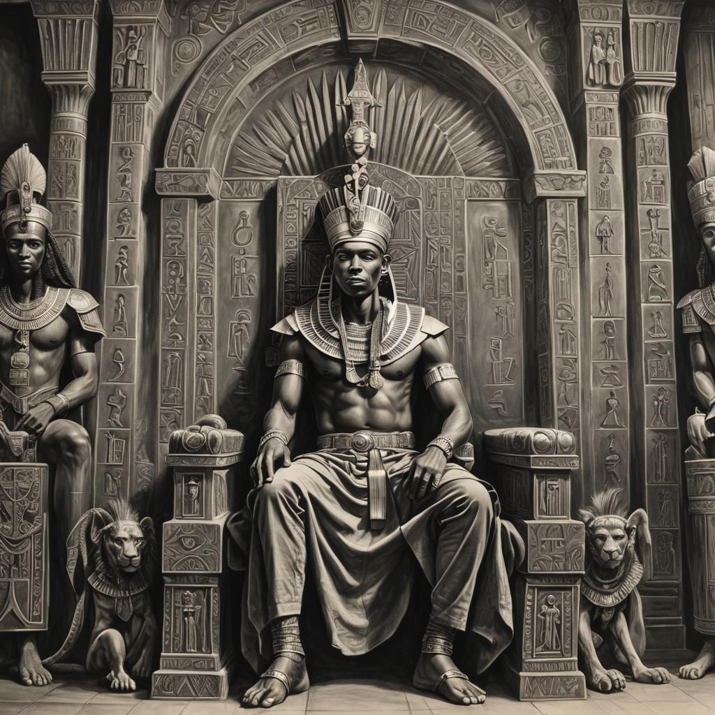 Black Pharaoh on Throne: Hyperdetailed Charcoal Drawing