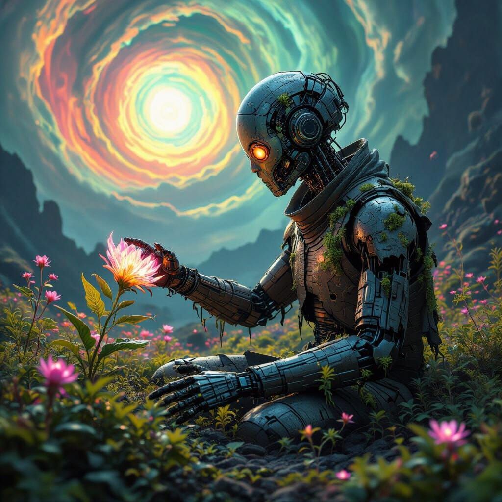 Corroded Android Touching Bioluminescent Flower in Surreal L...