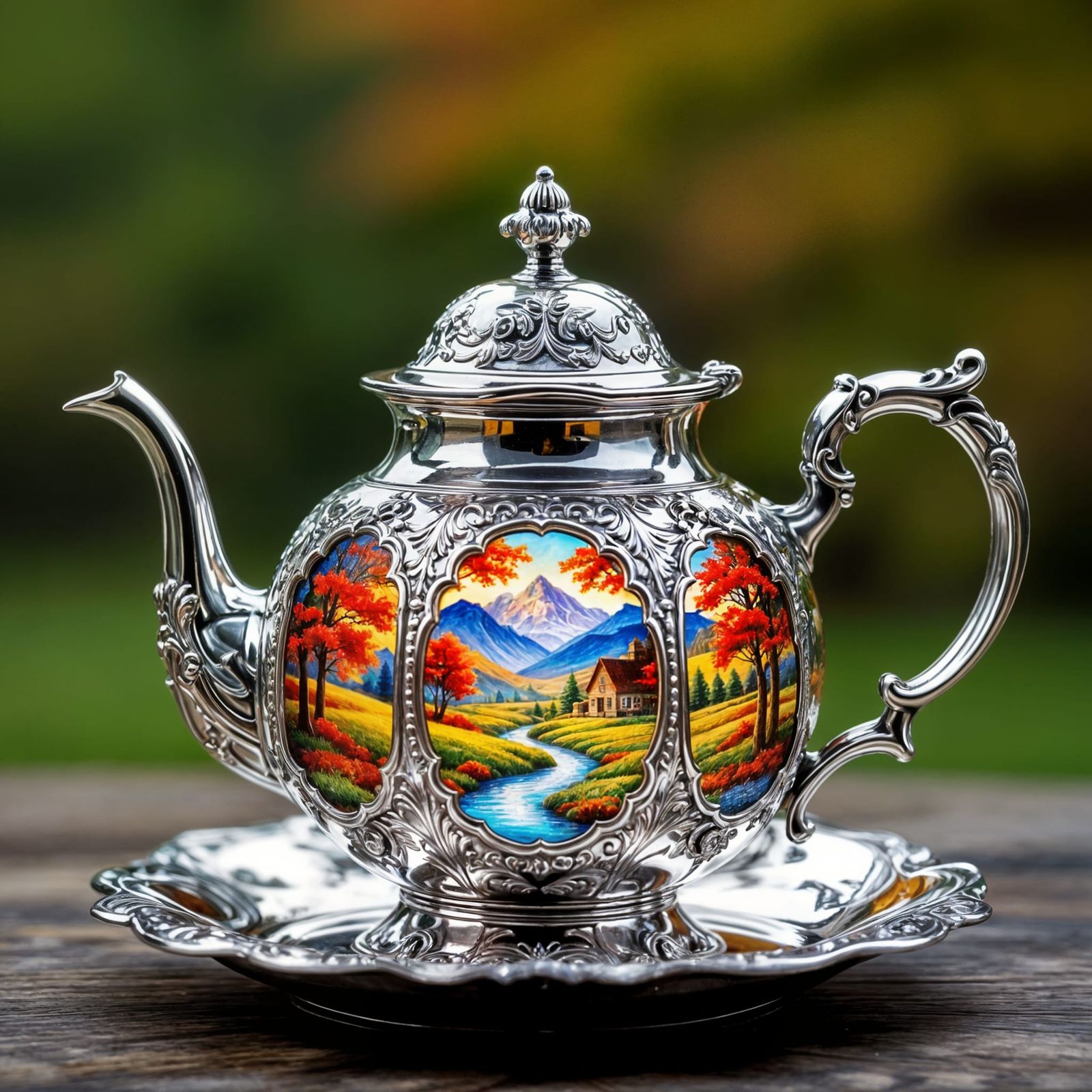 Macro Photo: Ornate Silver Teapot with Stained Glass Autumn ...