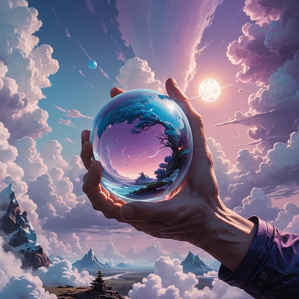 Hand Cradling Cloud Orb: Surreal Concept Art