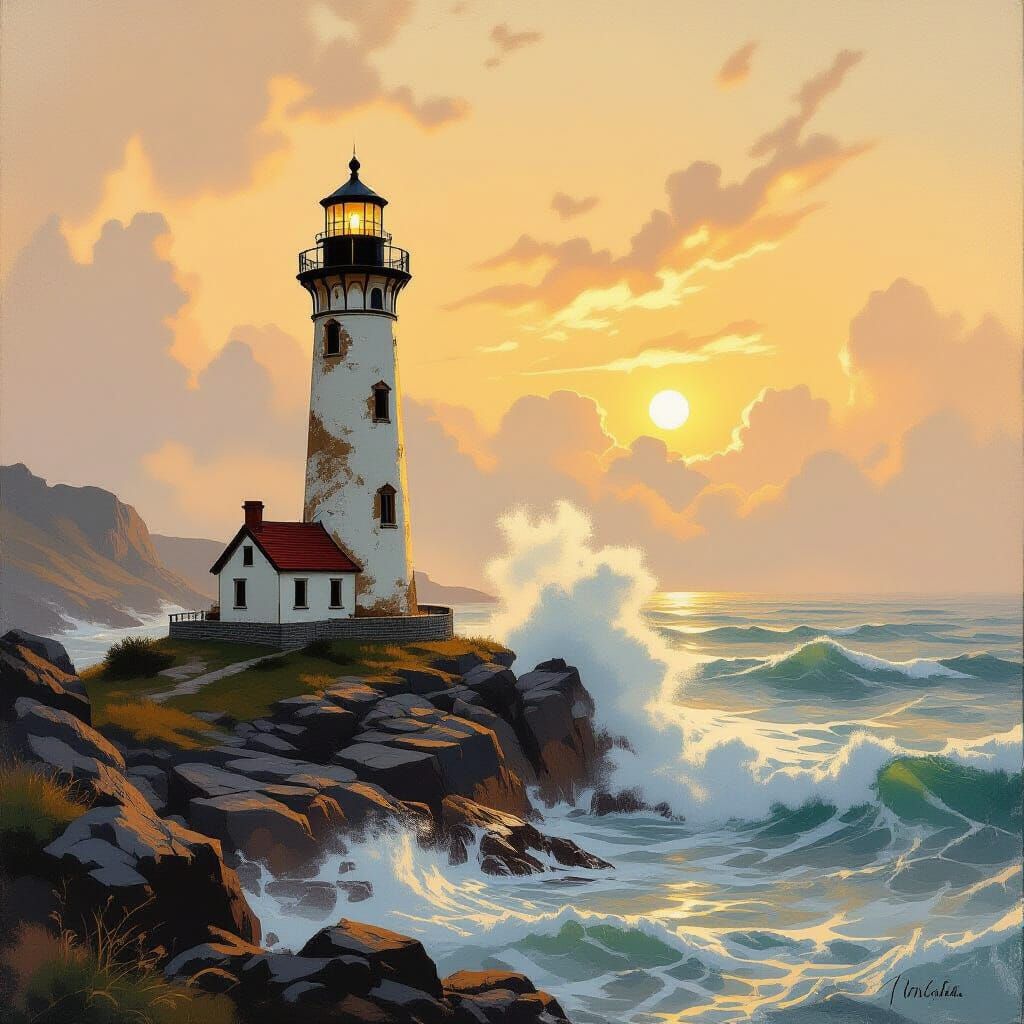 Lighthouse on Rocky Coast in Romantic Style