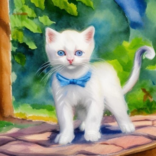White Kitten Playing: Gouache and Watercolor Painting