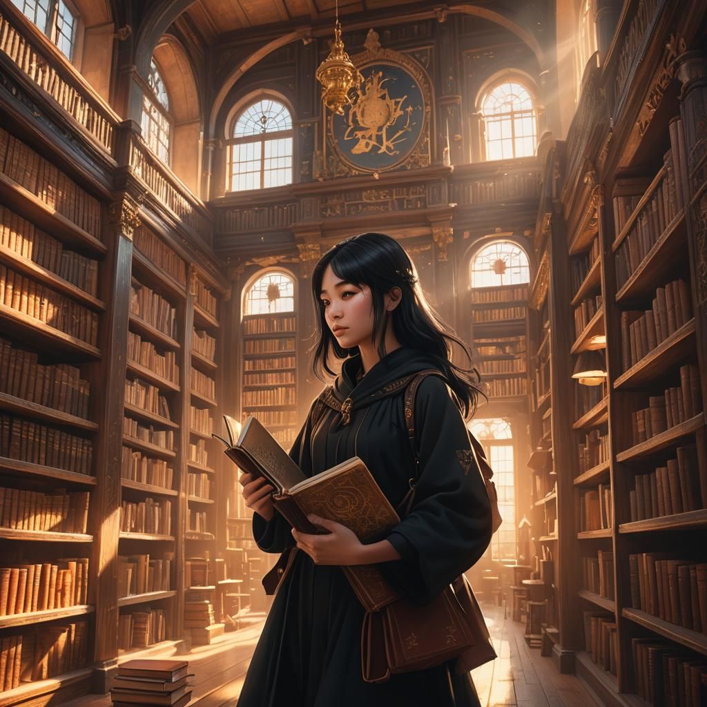 Asian Girl in Library: Fantasy Concept Art