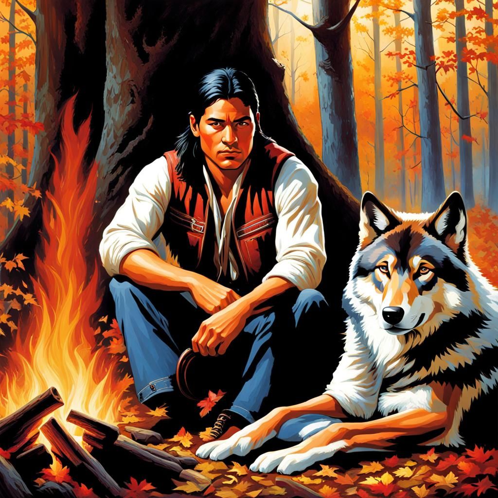 Cherokee Man and Wolf by Forest Fire