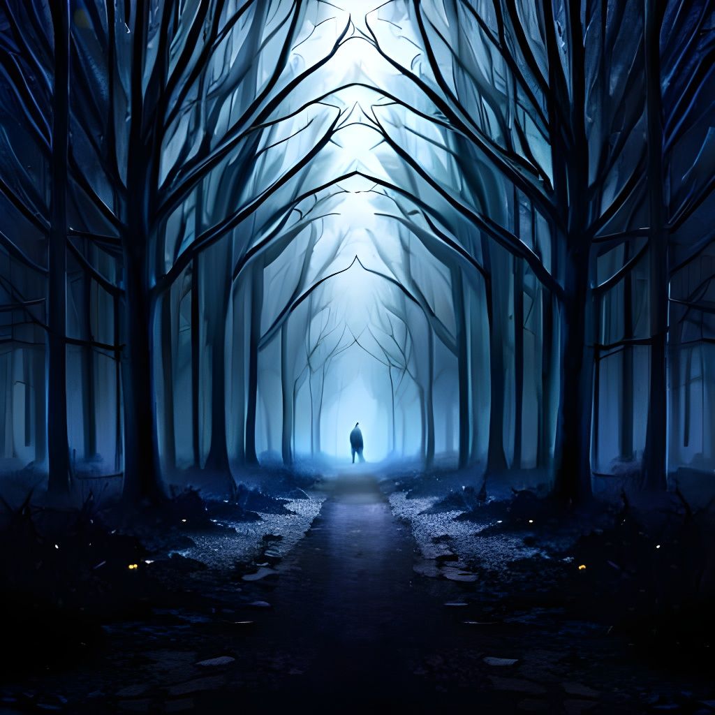 Scary Forest with Glowing Eyes in Dark Blue