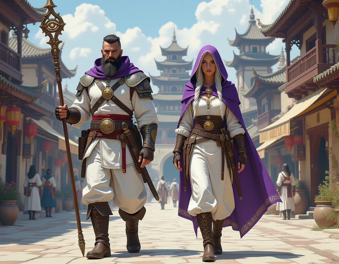 Guards Patrol Vibrant City in Matte Painting Style