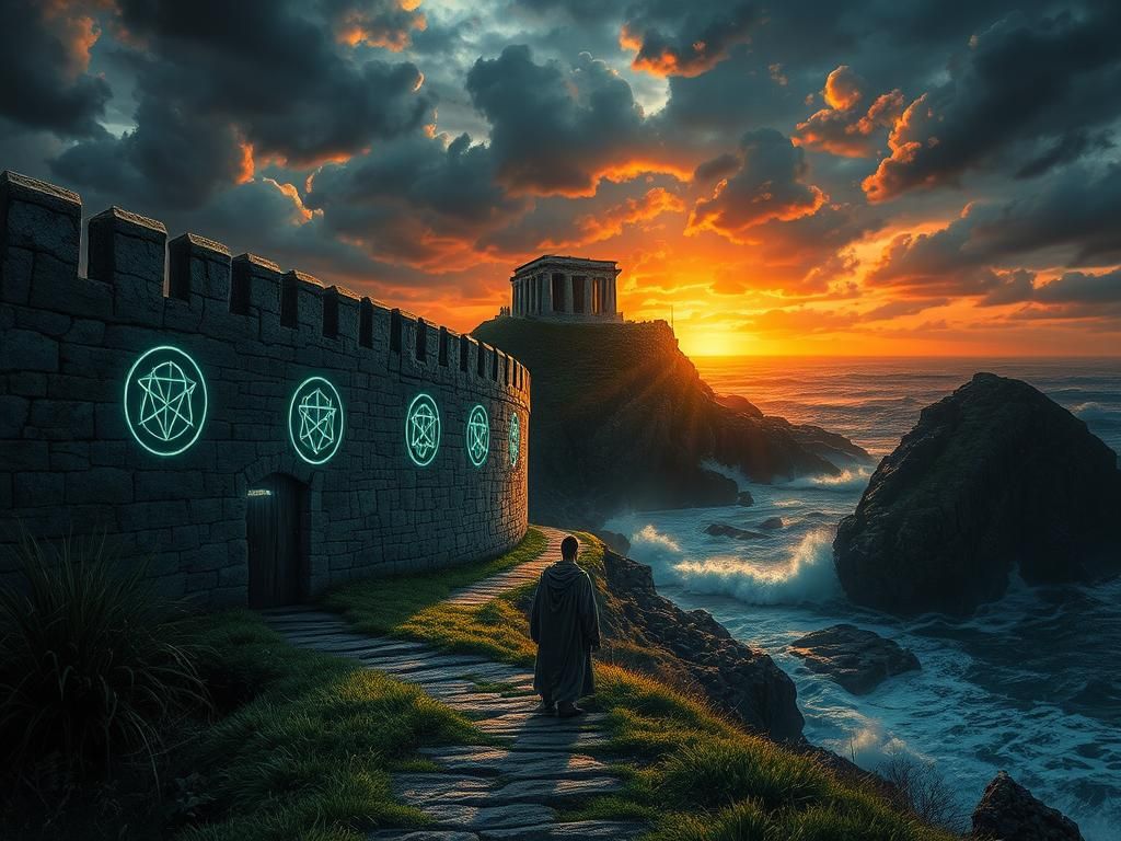 Mystical Figure at Abandoned Palisade in Dark Fantasy Style