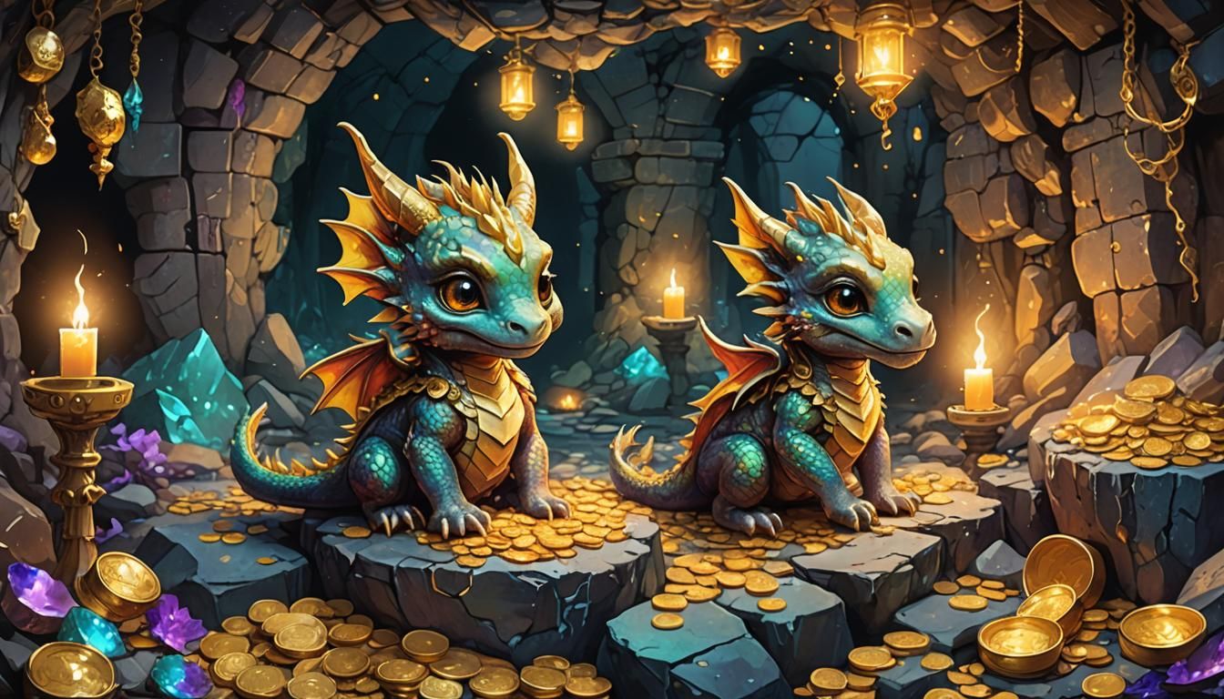 Chibi Dragon's Treasure Cave in Watercolor Style