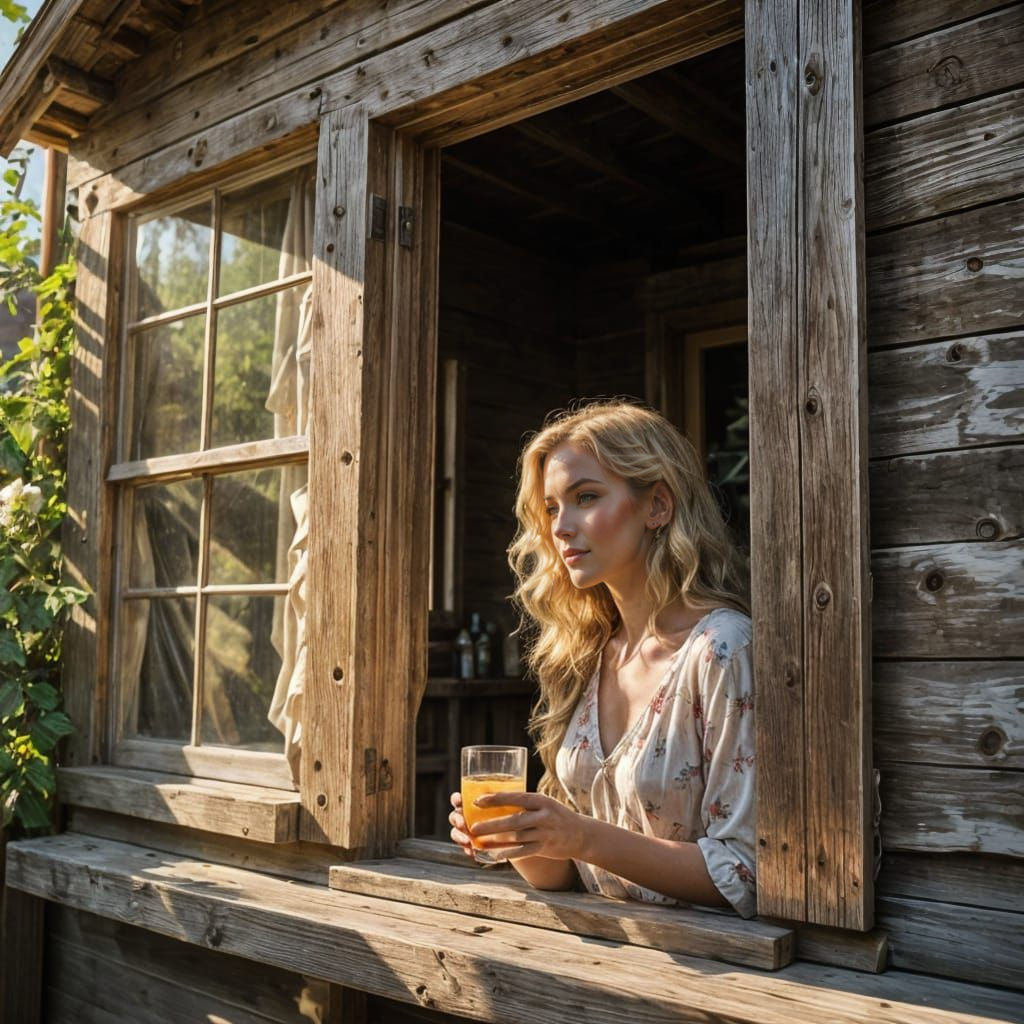 Vintage Whimsy: Blonde Woman Leans Against Rustic Wooden Hou...