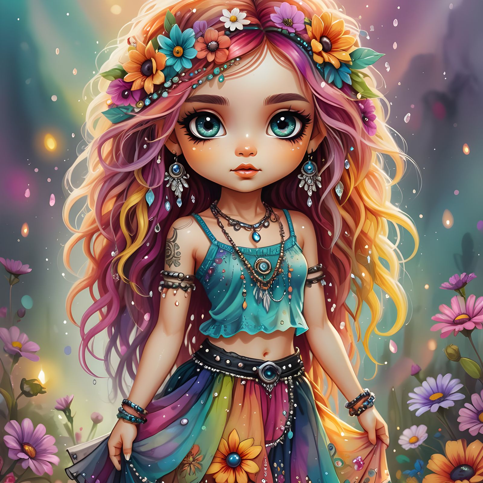 Whimsical Punk Bohemian Chibi with Vibrant Eyes