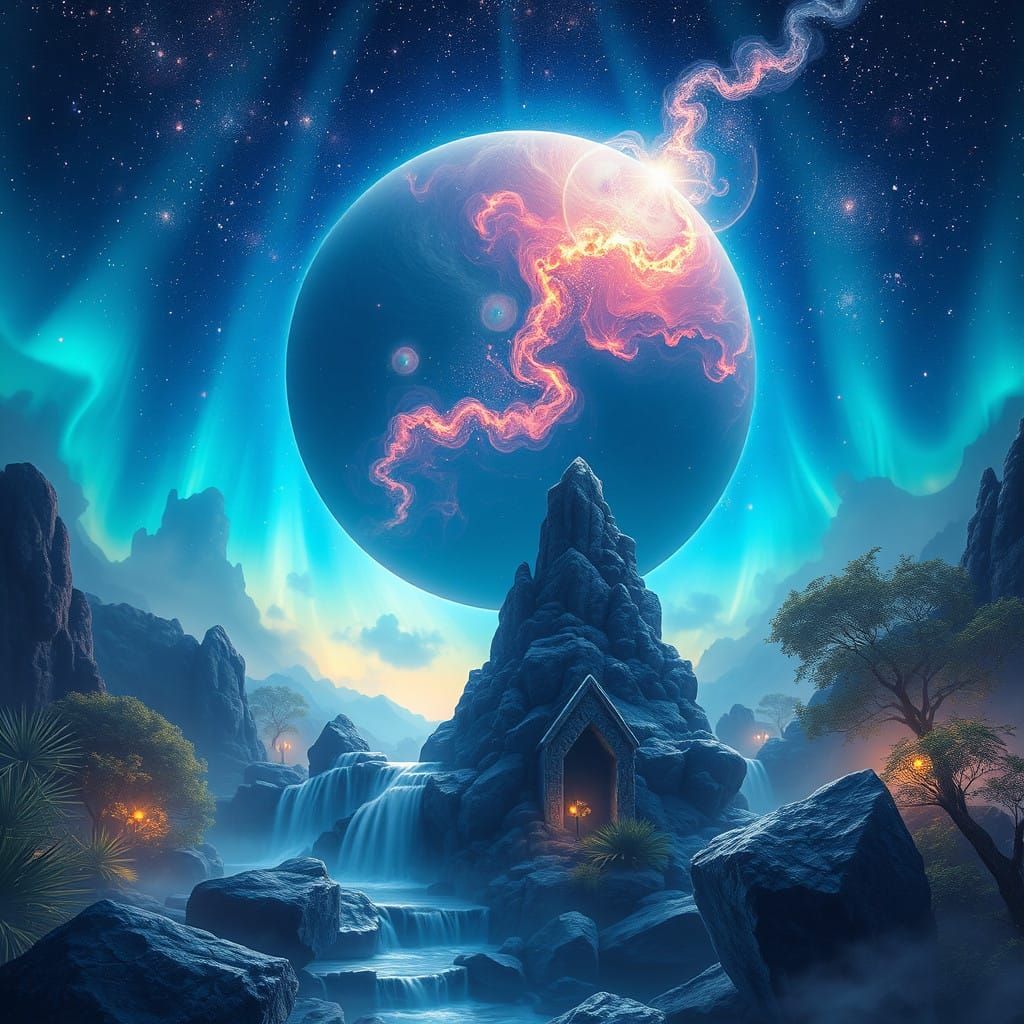 Celestial Orb Sweeps Through Azure Cosmos