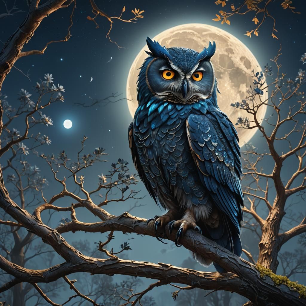 a blue glowing owl on a branch, the moon is in the back, shi...