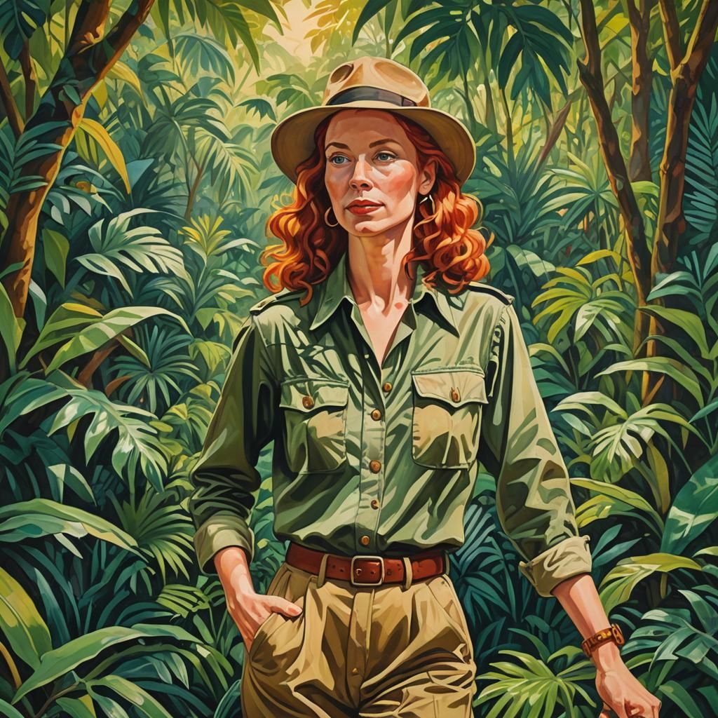 Vintage Safari Woman in Lush Jungle, Fauvist Painting