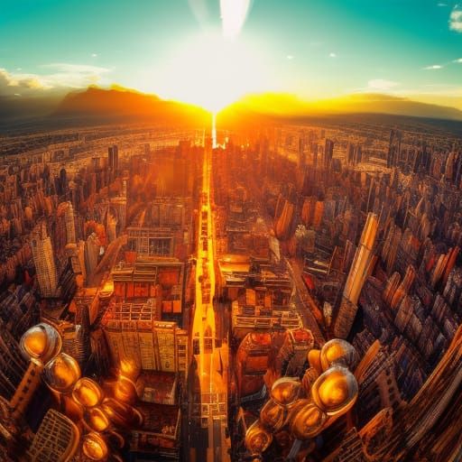 Golden Sunset Over Hyperrealistic Megacity