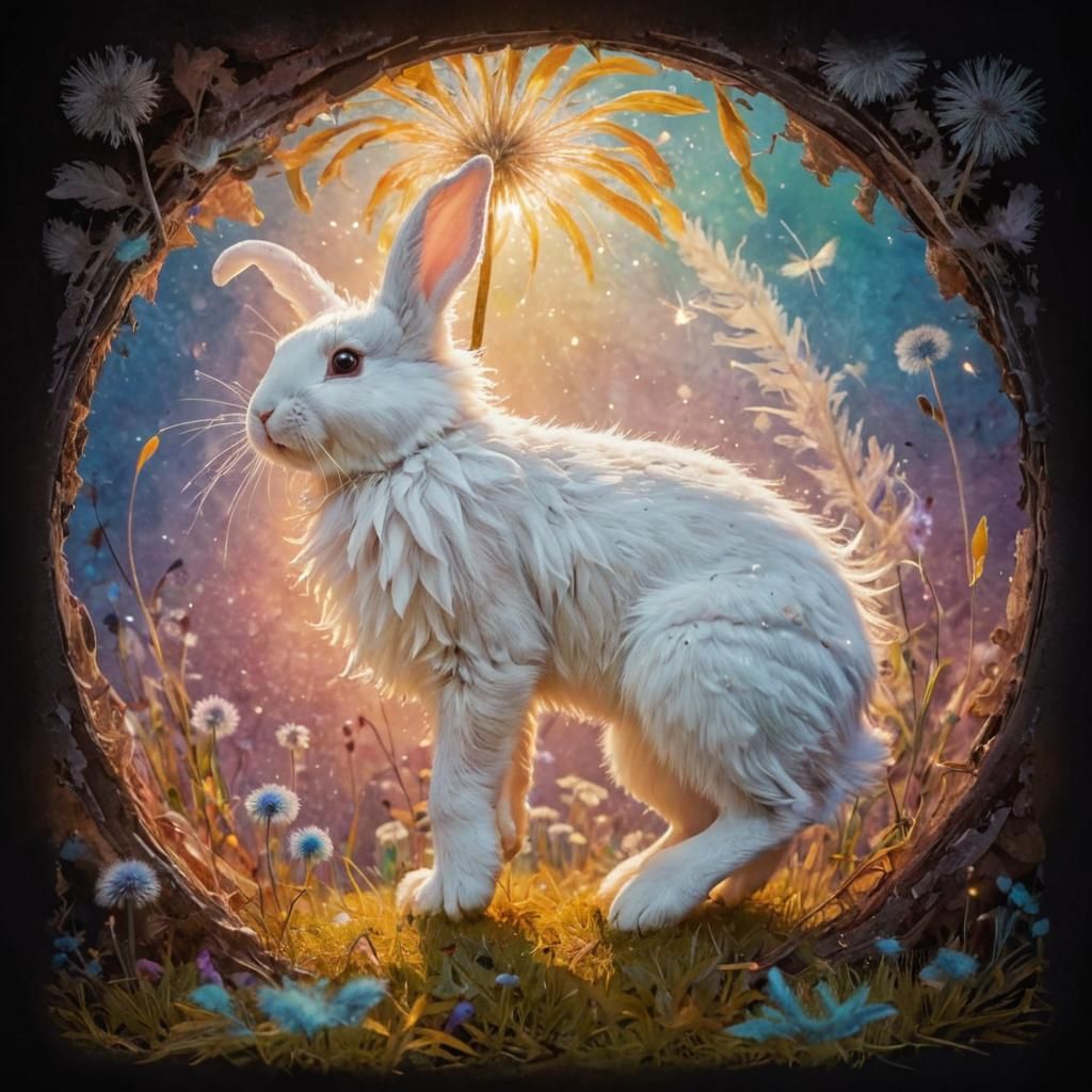 Fluffy Winged Bunny with Dandelion in Splash Art