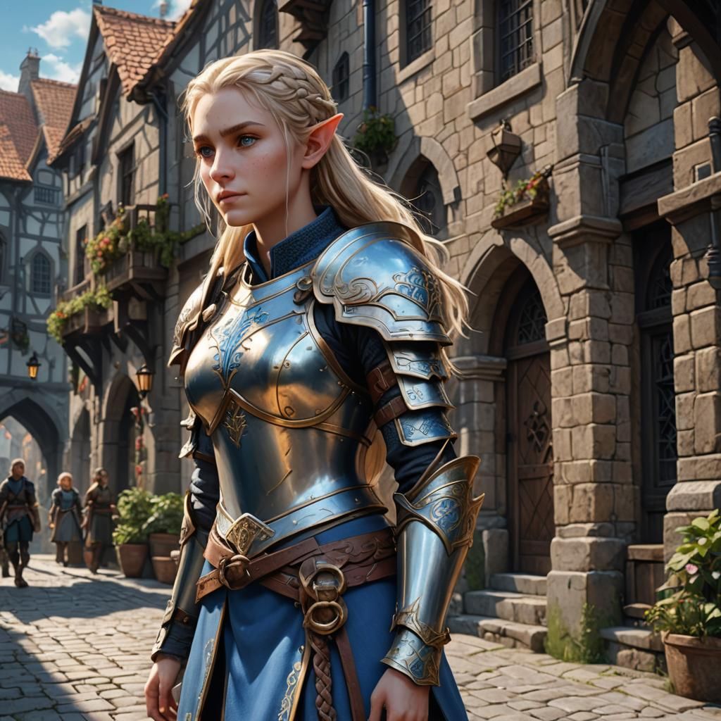 Female Elf Paladin Strolling Through Medieval Town