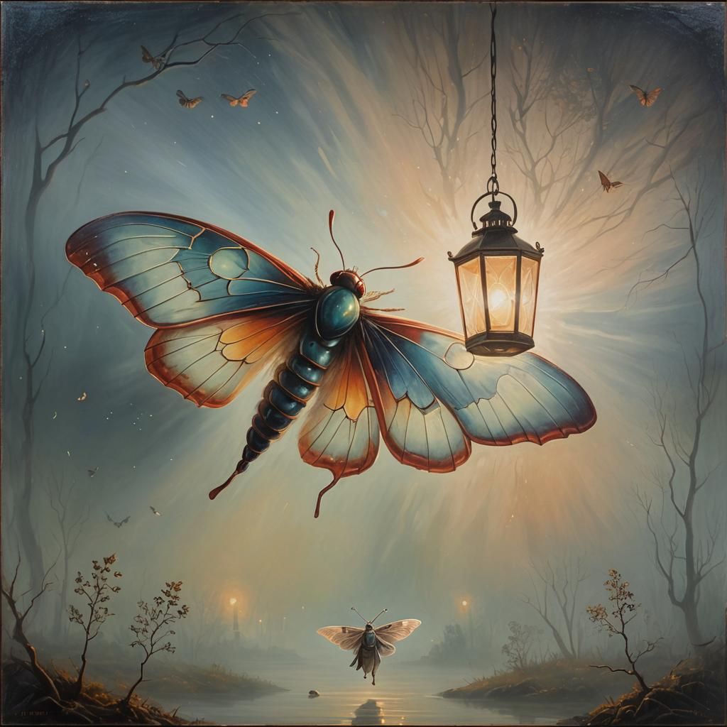 Enameled Moth in Fog: Surrealist Oil Painting