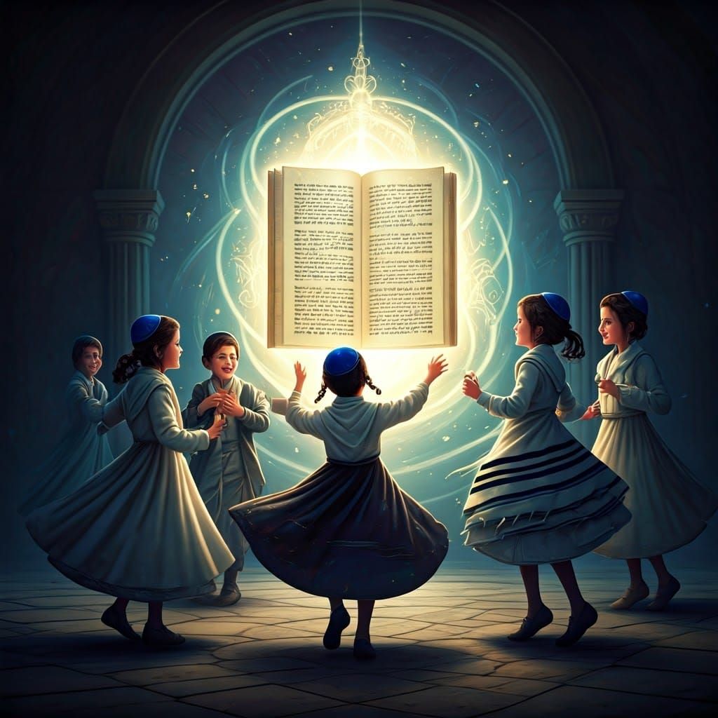 Joyful Jewish Children Dance Around a Glowing Torah in Whims...