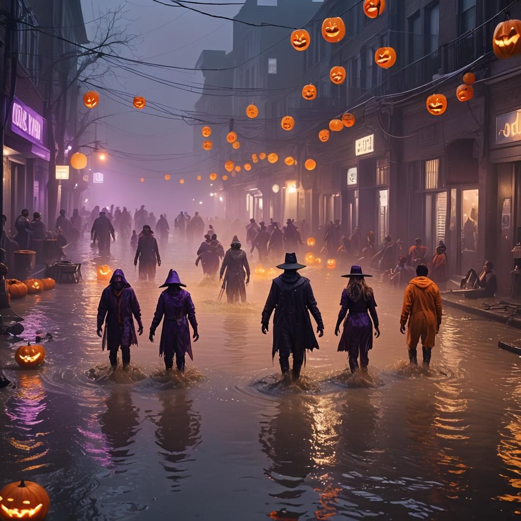 Flooded Halloween Party in Cinematic Digital Painting