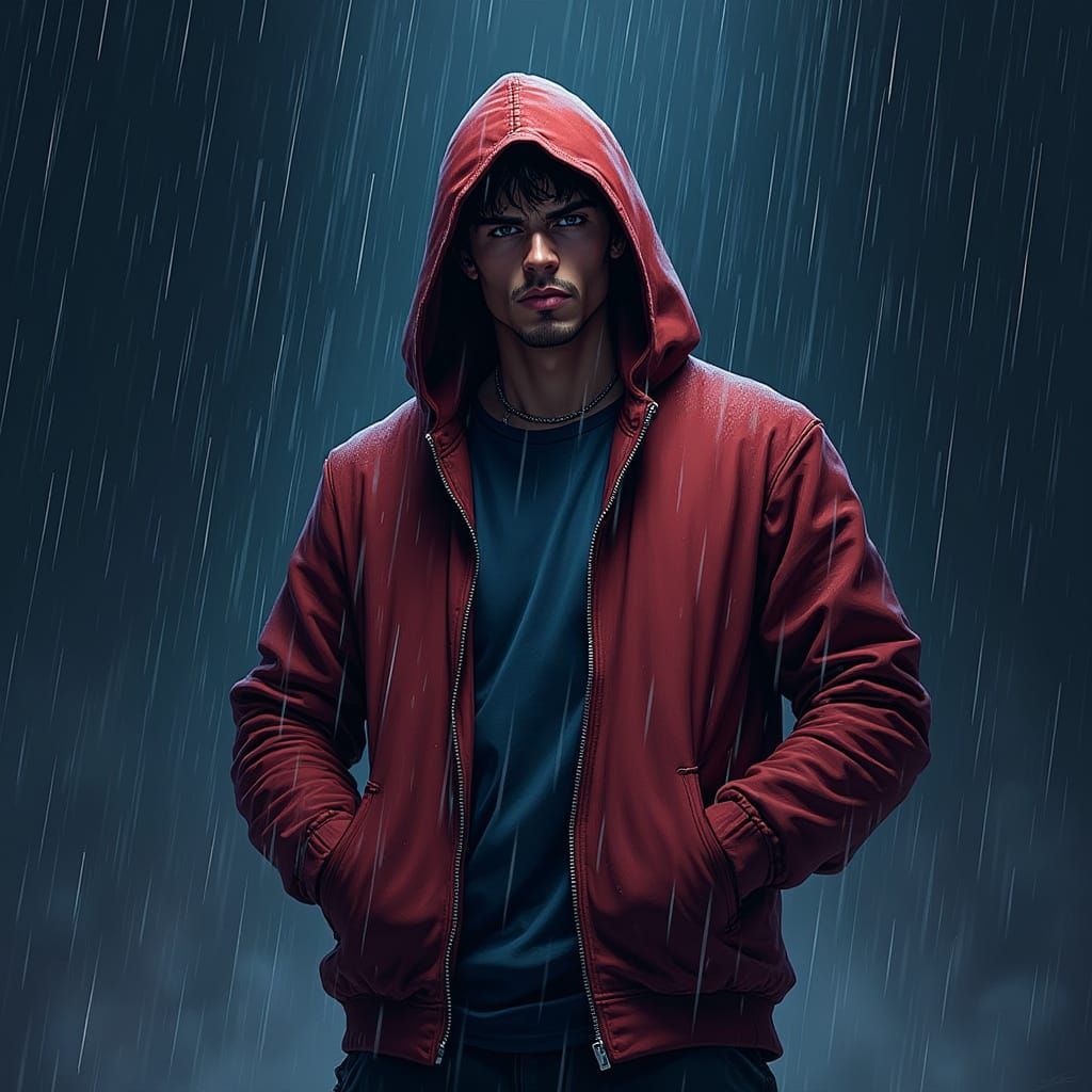 Heroic Rainy Night Vigilante in Vibrant Anime Style