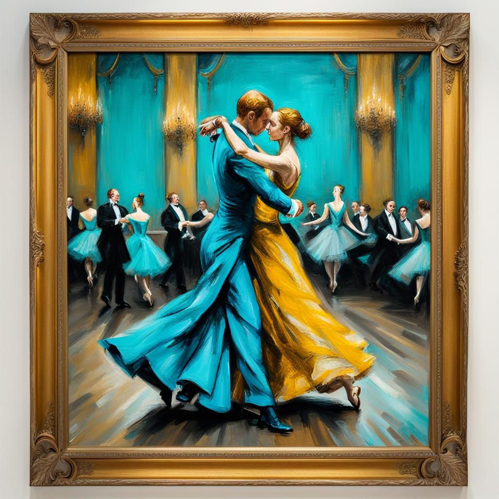 Vibrant 1700s Ballroom Dance in Cyan, Grey, Yellow
